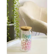 كوب شفاف مع غطاء ومصاصة- have a good day