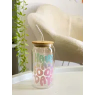 كوب شفاف مع غطاء ومصاصة- have a good day