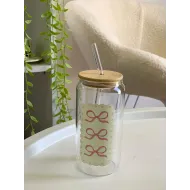 كوب شفاف مع غطاء ومصاصة رسمات فيونكة